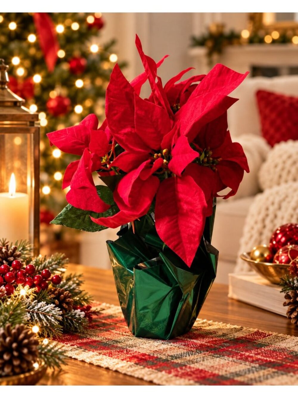 12" Artificial Red Christmas Poinsettia in Green Foil Pot Holiday Tabletop Decor